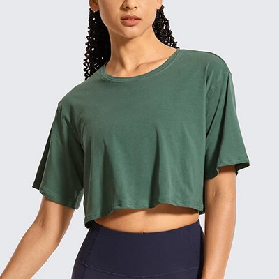 SYROKAN Sieviešu Pima Cotton Workout Crop Topi ar īsām piedurknēm skriešanas T-krekli Ikdienas Athletic T-krekli