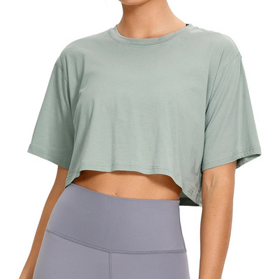 SYROKAN Sieviešu Pima Cotton Workout Crop Topi ar īsām piedurknēm skriešanas T-krekli Ikdienas Athletic T-krekli
