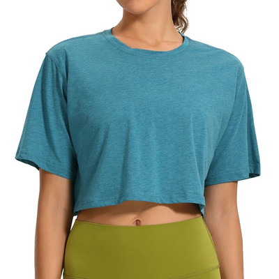 SYROKAN Sieviešu Pima Cotton Workout Crop Topi ar īsām piedurknēm skriešanas T-krekli Ikdienas Athletic T-krekli