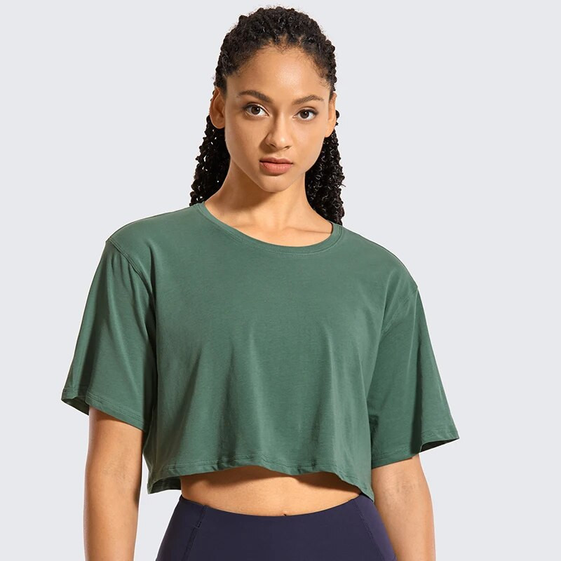SYROKAN Sieviešu Pima Cotton Workout Crop Topi ar īsām piedurknēm skriešanas T-krekli Ikdienas Athletic T-krekli