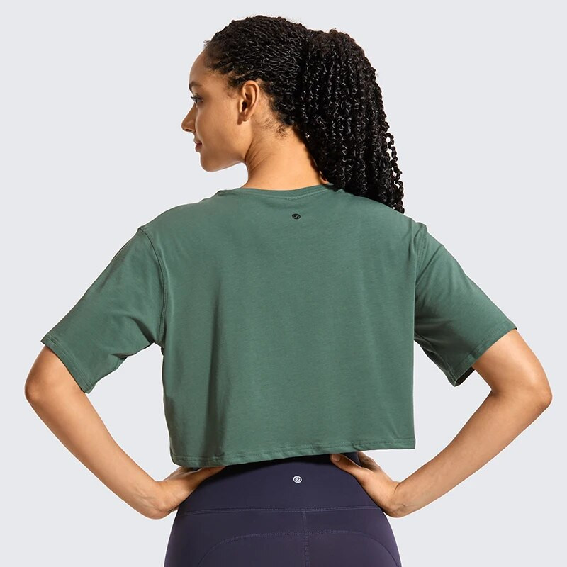 SYROKAN Sieviešu Pima Cotton Workout Crop Topi ar īsām piedurknēm skriešanas T-krekli Ikdienas Athletic T-krekli