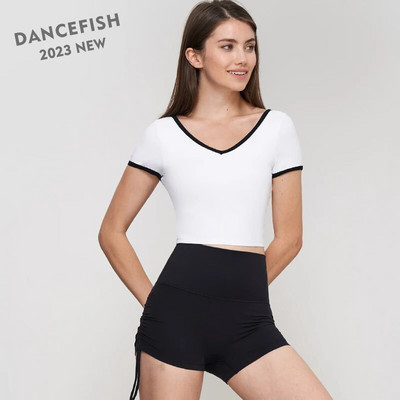 DANCEFISH 2023 Дамска тениска с къс ръкав с V-образно деколте и ниска интензивност, подвижни подложки за ежедневно ходене, джогинг, пилатес, йога, тениска