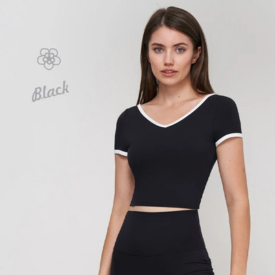 DANCEFISH 2023 Sieviešu īsu piedurkņu apgriezts V kakla dizains zemas intensitātes noņemami spilventiņi Ikdienas pastaigai skriešanas Pilates jogas T krekls