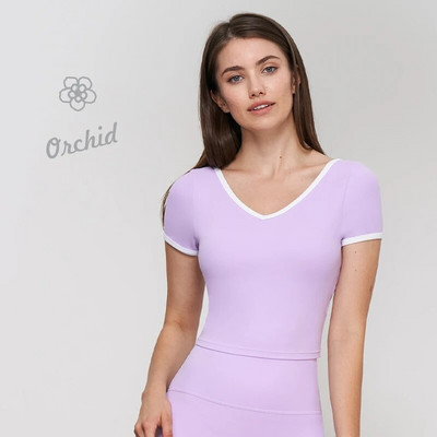 DANCEFISH 2023 Sieviešu īsu piedurkņu apgriezts V kakla dizains zemas intensitātes noņemami spilventiņi Ikdienas pastaigai skriešanas Pilates jogas T krekls