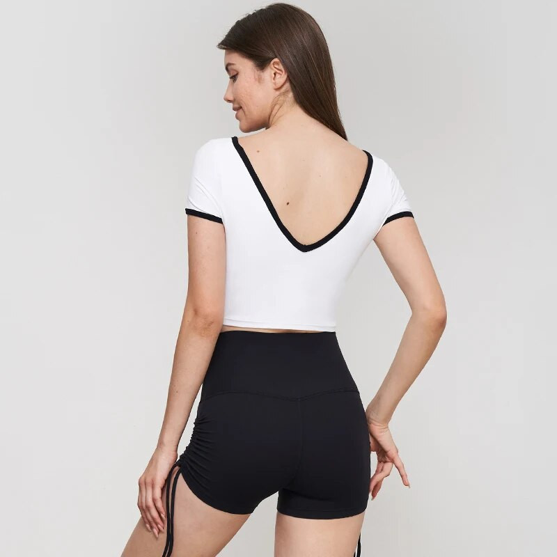 DANCEFISH 2023 Sieviešu īsu piedurkņu apgriezts V kakla dizains zemas intensitātes noņemami spilventiņi Ikdienas pastaigai skriešanas Pilates jogas T krekls