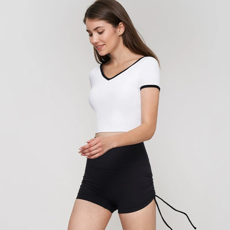 DANCEFISH 2023 Sieviešu īsu piedurkņu apgriezts V kakla dizains zemas intensitātes noņemami spilventiņi Ikdienas pastaigai skriešanas Pilates jogas T krekls
