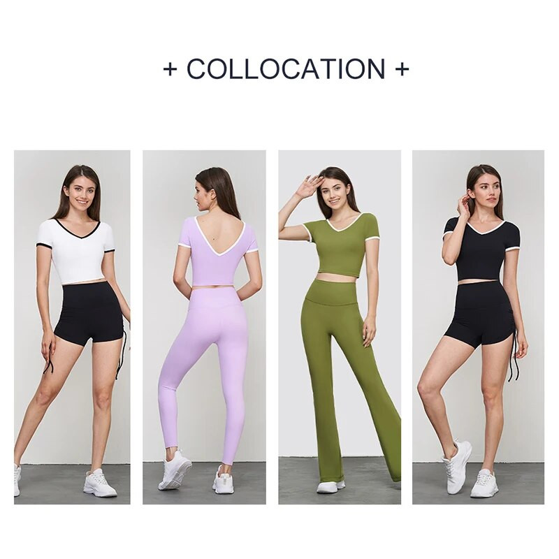 DANCEFISH 2023 Sieviešu īsu piedurkņu apgriezts V kakla dizains zemas intensitātes noņemami spilventiņi Ikdienas pastaigai skriešanas Pilates jogas T krekls