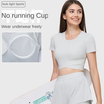 NULS Avocado Like Soft Fabric κοντομάνικο πουκάμισο γιόγκα με ενσωματωμένο μπλουζάκι τένις Cup για γυναικείο μπλουζάκι Cross Hem Fitness Crop