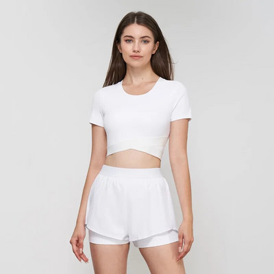 NULS Avocado Like Soft Fabric Yoga lühikeste varrukatega särk sisseehitatud Cupiga tennise T-särk naiste Cross Hem Fitness Crop topiga