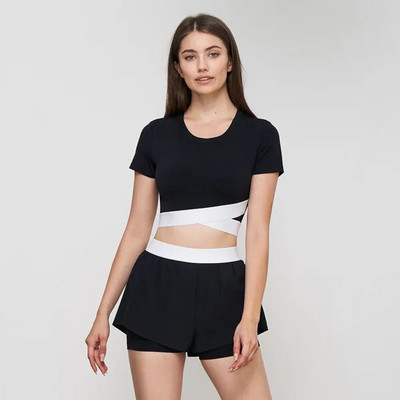 NULS Avocado Like Soft Fabric Yoga lühikeste varrukatega särk sisseehitatud Cupiga tennise T-särk naiste Cross Hem Fitness Crop topiga