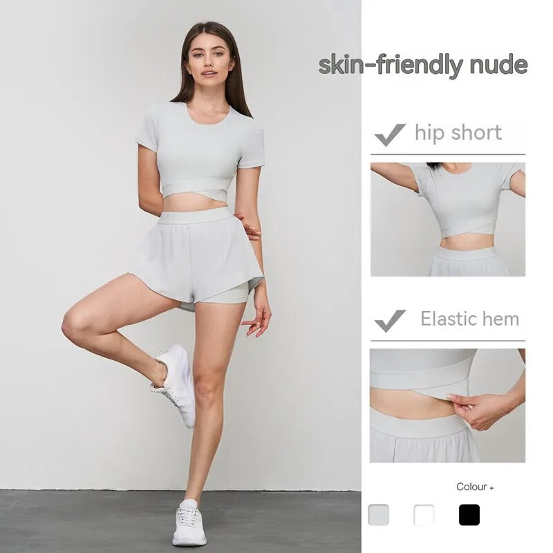 NULS Avocado Like Soft Fabric Yoga krekls ar īsām piedurknēm ar iebūvētu tenisa T-kreklu sieviešu krosa apakšmalai Fitness Crop Top