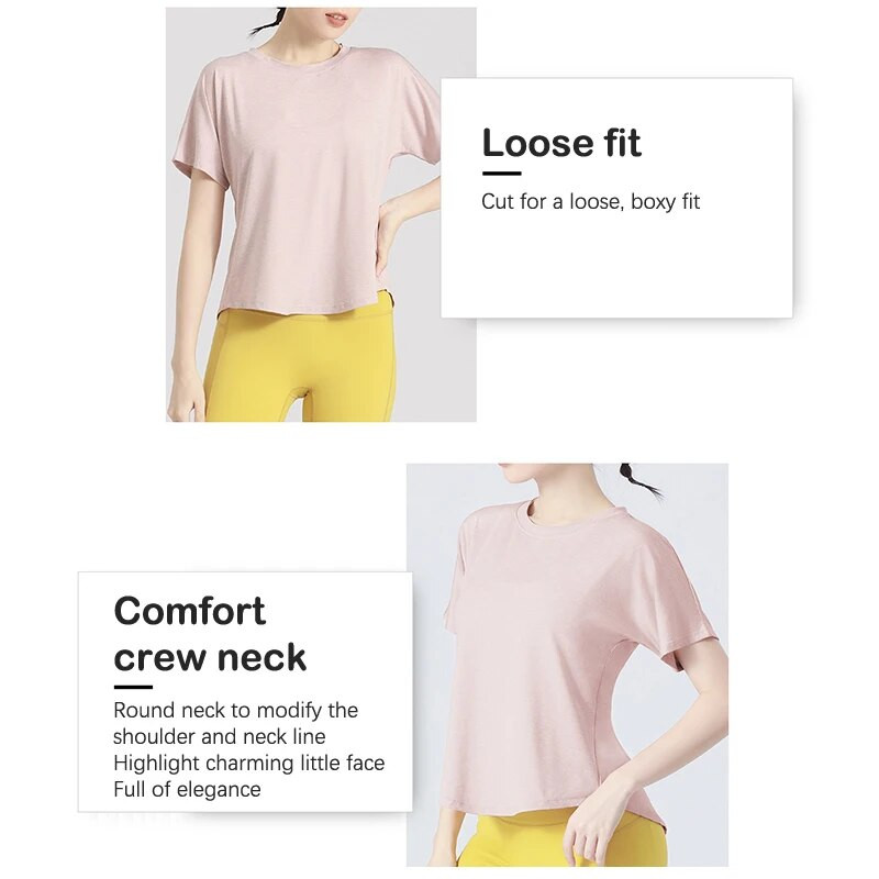 Vasaras treniņi vaļīgs jogas apģērbs ar īsām piedurknēm sievietēm, elpojošs ikdienas sporta fitness, skriešana ar īsām piedurknēm, ātri nožūstošs T-krekls