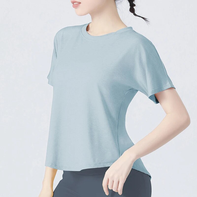 Vasaras treniņi vaļīgs jogas apģērbs ar īsām piedurknēm sievietēm, elpojošs ikdienas sporta fitness, skriešana ar īsām piedurknēm, ātri nožūstošs T-krekls