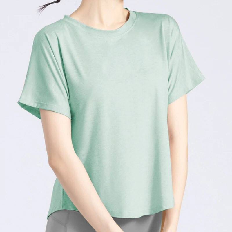 Vasaras treniņi vaļīgs jogas apģērbs ar īsām piedurknēm sievietēm, elpojošs ikdienas sporta fitness, skriešana ar īsām piedurknēm, ātri nožūstošs T-krekls