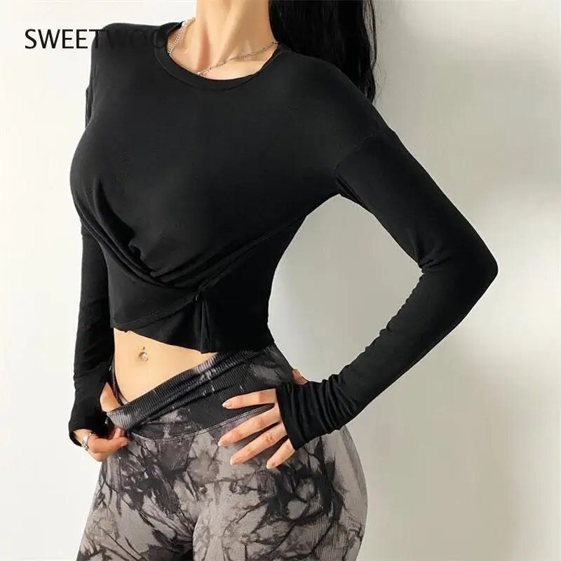 Jauns Sieviešu jogas tops ar garām piedurknēm sporta zāles Crop top sporta krekls Slim Fit krekls Fitness Yoga Top ziemas treniņu sieviešu sporta krekli