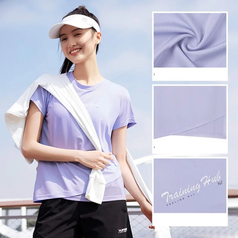 361 grādu sieviešu sporta T-krekls ar ledus sajūtu, elpojošs, ērts apaļš kakla izgriezums, īss, ikdienišķs sieviešu tops 662324113