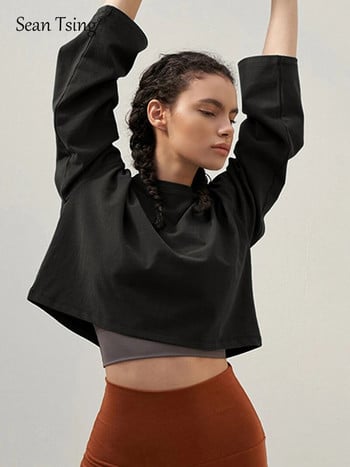 Sean Tsing® 100% βαμβακερά αθλητικά μπλουζάκια γυναικεία μακρυμάνικα μονόχρωμα Yoga Fitness Pilates Workout Cropped Tees Καλοκαιρινά πουλόβερ
