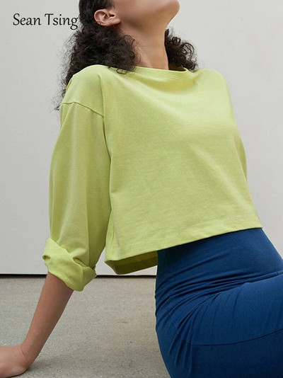 Sean Tsing® tricouri sport 100% bumbac femei cu mânecă lungă de culoare solidă yoga fitness Pilates antrenament tricouri decupate pulovere de vară