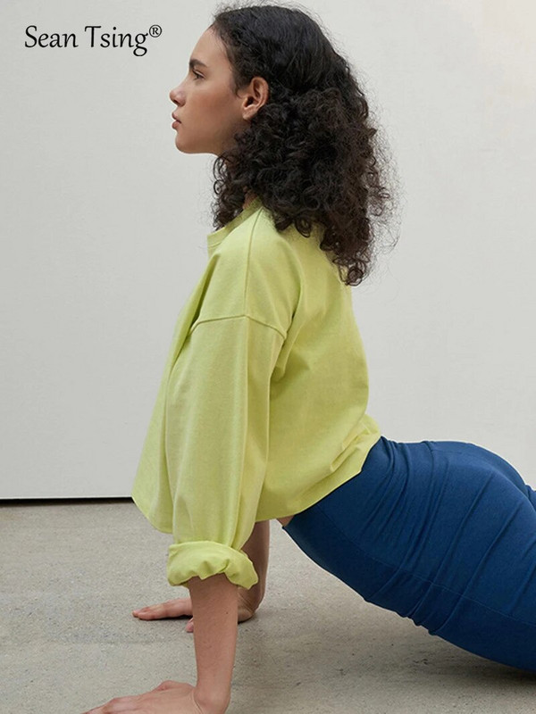 Sean Tsing® 100% памук Спортни тениски Дамски дълъг ръкав Едноцветен Йога Фитнес Пилатес Тренировка Скъсени тениски Летни пуловери