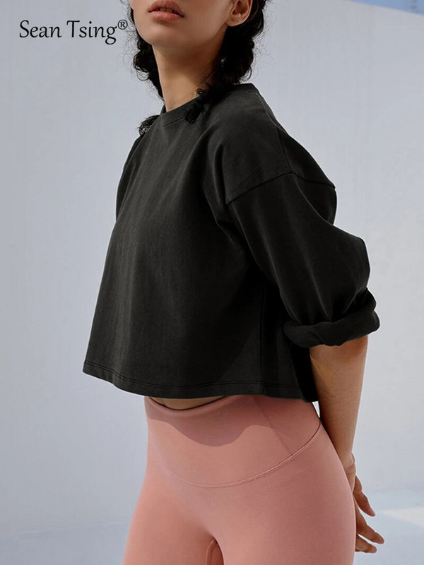 Sean Tsing® 100% памук Спортни тениски Дамски дълъг ръкав Едноцветен Йога Фитнес Пилатес Тренировка Скъсени тениски Летни пуловери