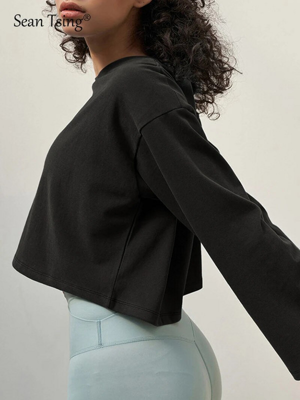 Sean Tsing® 100% памук Спортни тениски Дамски дълъг ръкав Едноцветен Йога Фитнес Пилатес Тренировка Скъсени тениски Летни пуловери