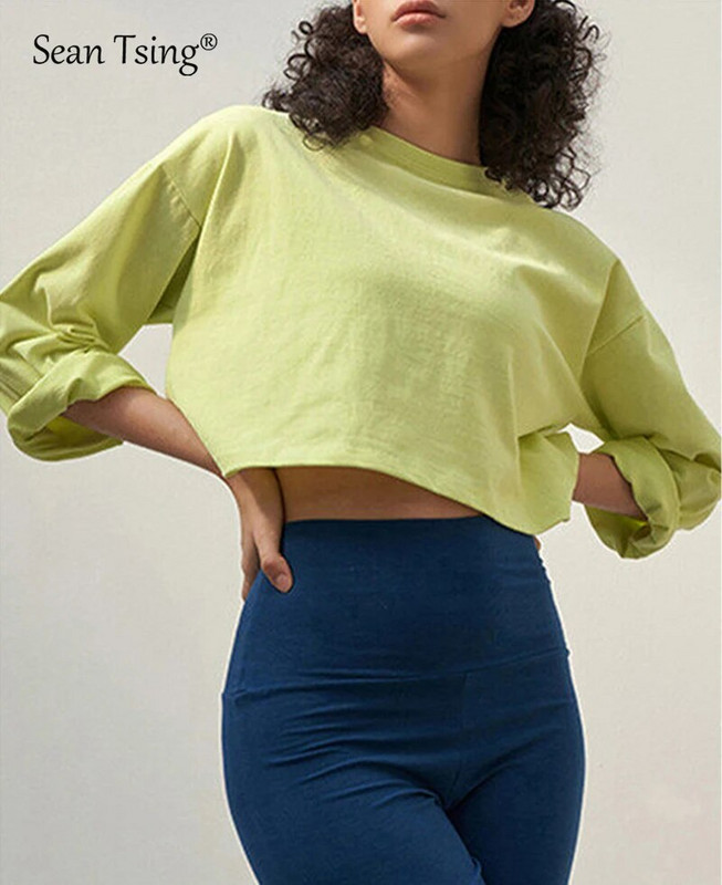 Sean Tsing® 100% памук Спортни тениски Дамски дълъг ръкав Едноцветен Йога Фитнес Пилатес Тренировка Скъсени тениски Летни пуловери