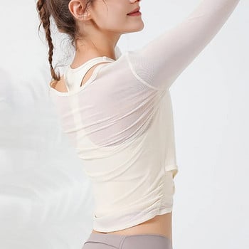 Sean Tsing® Спортни блузи за пилатес Дамски прозрачни дишащи тениски с дълъг ръкав Тренировка Атлетични пуловери за упражнения