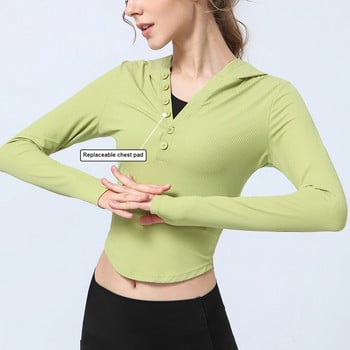 Γυναικείο αθλητικό πουκάμισο προπόνησης με καπέλο μακρυμάνικο με κουμπιά Yoga Pilates Fitness T-shirt Thumb The Ribbed Training Top