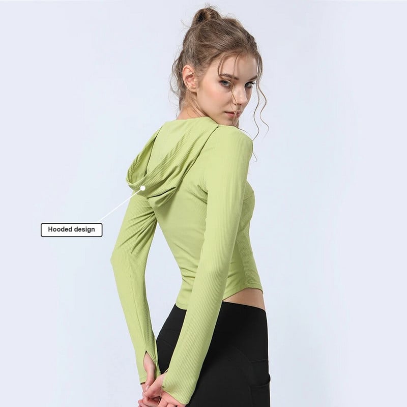 Γυναικείο αθλητικό πουκάμισο προπόνησης με καπέλο μακρυμάνικο με κουμπιά Yoga Pilates Fitness T-shirt Thumb The Ribbed Training Top