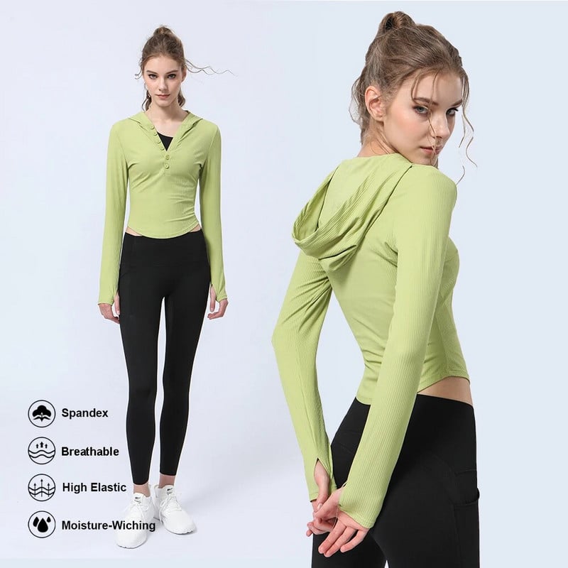 Γυναικείο αθλητικό πουκάμισο προπόνησης με καπέλο μακρυμάνικο με κουμπιά Yoga Pilates Fitness T-shirt Thumb The Ribbed Training Top