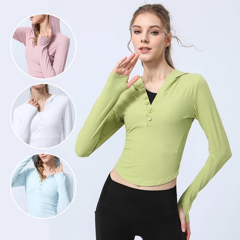 Γυναικείο αθλητικό πουκάμισο προπόνησης με καπέλο μακρυμάνικο με κουμπιά Yoga Pilates Fitness T-shirt Thumb The Ribbed Training Top