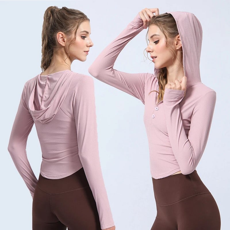 Γυναικείο αθλητικό πουκάμισο προπόνησης με καπέλο μακρυμάνικο με κουμπιά Yoga Pilates Fitness T-shirt Thumb The Ribbed Training Top