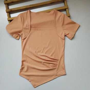 Μικρό τετράγωνο γιακά ~ που συρρικνώνει τη μέση και λεπτά ρούχα γιόγκα τοπ γυναικείο λεπτό αθλητικό μπλουζάκι κοντομάνικο που στεγνώνει γρήγορα το καλοκαίρι