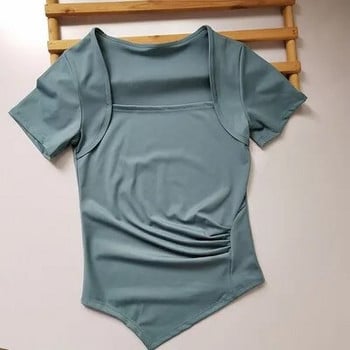 Μικρό τετράγωνο γιακά ~ που συρρικνώνει τη μέση και λεπτά ρούχα γιόγκα τοπ γυναικείο λεπτό αθλητικό μπλουζάκι κοντομάνικο που στεγνώνει γρήγορα το καλοκαίρι