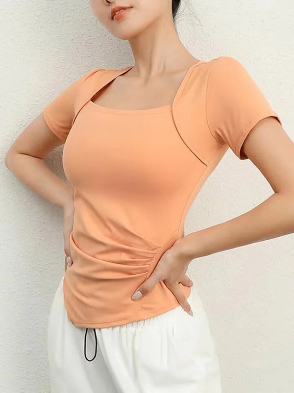 Μικρό τετράγωνο γιακά ~ που συρρικνώνει τη μέση και λεπτά ρούχα γιόγκα τοπ γυναικείο λεπτό αθλητικό μπλουζάκι κοντομάνικο που στεγνώνει γρήγορα το καλοκαίρι