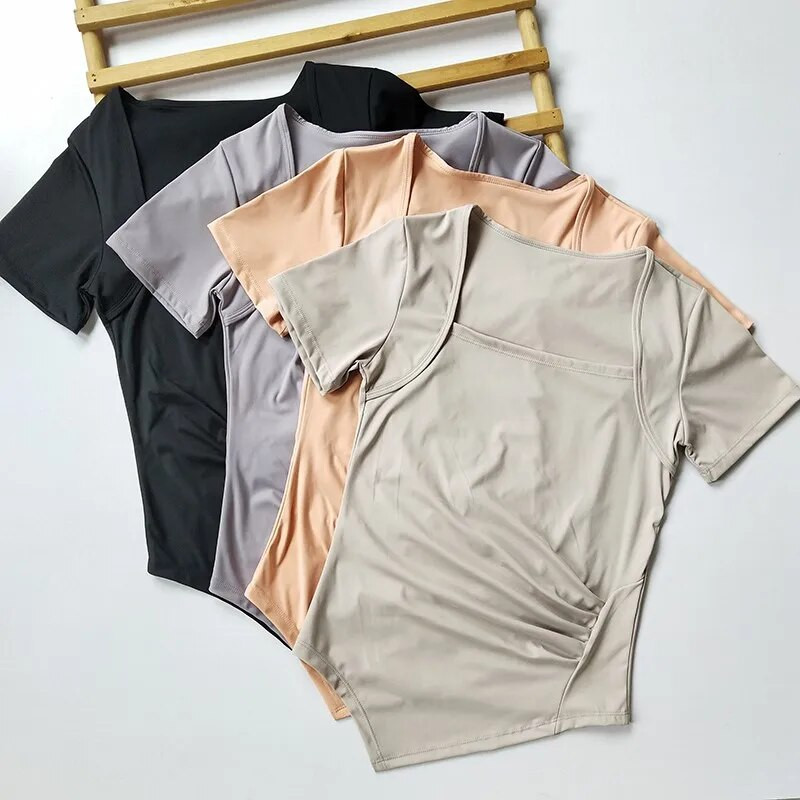 Μικρό τετράγωνο γιακά ~ που συρρικνώνει τη μέση και λεπτά ρούχα γιόγκα τοπ γυναικείο λεπτό αθλητικό μπλουζάκι κοντομάνικο που στεγνώνει γρήγορα το καλοκαίρι