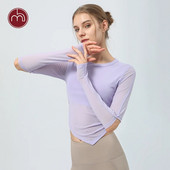 Tīkla elpojošs sporta T-krekls ar polsterētu sieviešu jogas fitnesa kreklu ar garām piedurknēm ar pirkstu caurumu skriešanas treniņiem