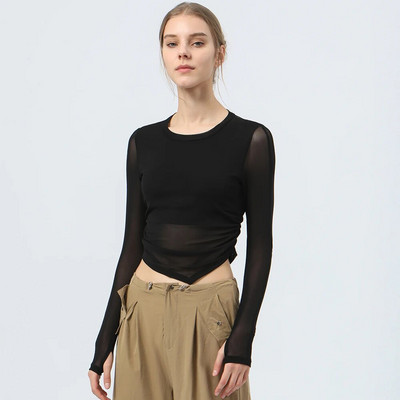 Tīkla elpojošs sporta T-krekls ar polsterētu sieviešu jogas fitnesa kreklu ar garām piedurknēm ar pirkstu caurumu skriešanas treniņiem