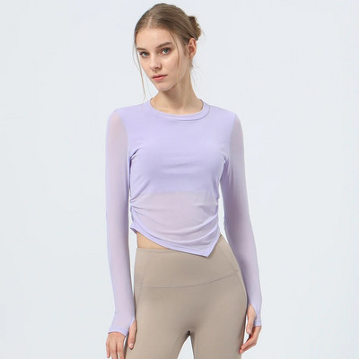 Tīkla elpojošs sporta T-krekls ar polsterētu sieviešu jogas fitnesa kreklu ar garām piedurknēm ar pirkstu caurumu skriešanas treniņiem