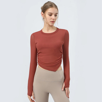 Tīkla elpojošs sporta T-krekls ar polsterētu sieviešu jogas fitnesa kreklu ar garām piedurknēm ar pirkstu caurumu skriešanas treniņiem