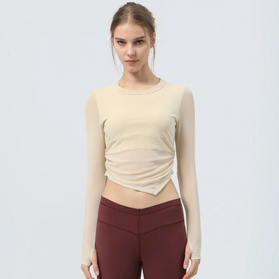 Tīkla elpojošs sporta T-krekls ar polsterētu sieviešu jogas fitnesa kreklu ar garām piedurknēm ar pirkstu caurumu skriešanas treniņiem