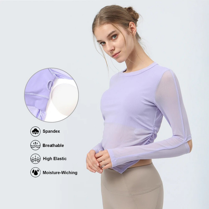 Tīkla elpojošs sporta T-krekls ar polsterētu sieviešu jogas fitnesa kreklu ar garām piedurknēm ar pirkstu caurumu skriešanas treniņiem