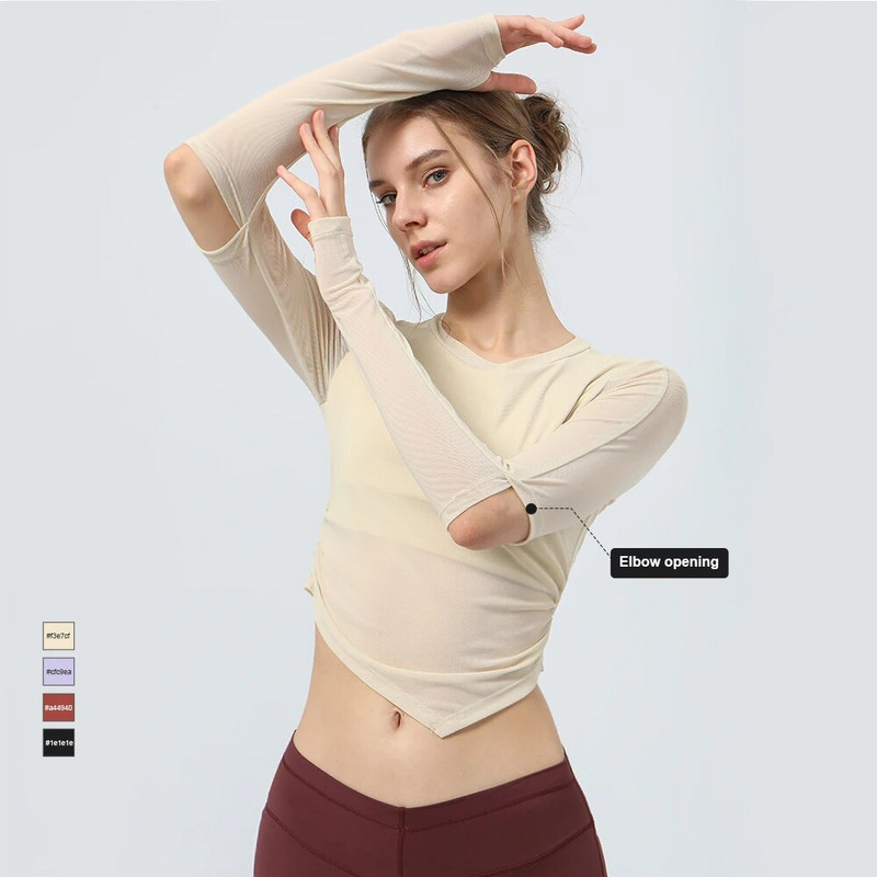 Tīkla elpojošs sporta T-krekls ar polsterētu sieviešu jogas fitnesa kreklu ar garām piedurknēm ar pirkstu caurumu skriešanas treniņiem