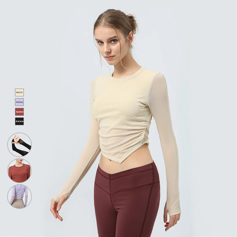 Tīkla elpojošs sporta T-krekls ar polsterētu sieviešu jogas fitnesa kreklu ar garām piedurknēm ar pirkstu caurumu skriešanas treniņiem