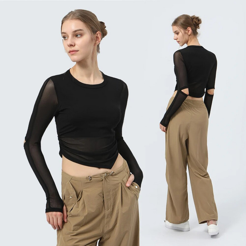 Tīkla elpojošs sporta T-krekls ar polsterētu sieviešu jogas fitnesa kreklu ar garām piedurknēm ar pirkstu caurumu skriešanas treniņiem