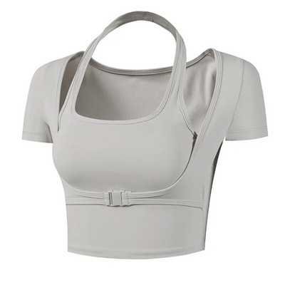 Îmbrăcăminte de yoga cu tampoane pentru piept, tricou cu mâneci scurte, cu uscare rapidă, cu mâneci scurte, care dezactivează buricul, top sport respirabil