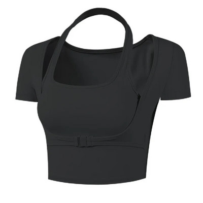 Îmbrăcăminte de yoga cu tampoane pentru piept, tricou cu mâneci scurte, cu uscare rapidă, cu mâneci scurte, care dezactivează buricul, top sport respirabil