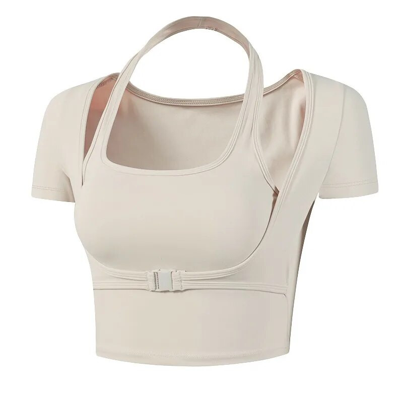 Jogos drabužiai su pagalvėlėmis ant krūtinės, trumpomis rankovėmis, prigludę prie bambos greitai džiūstantys marškinėliai, kvėpuojantis sportinis viršus