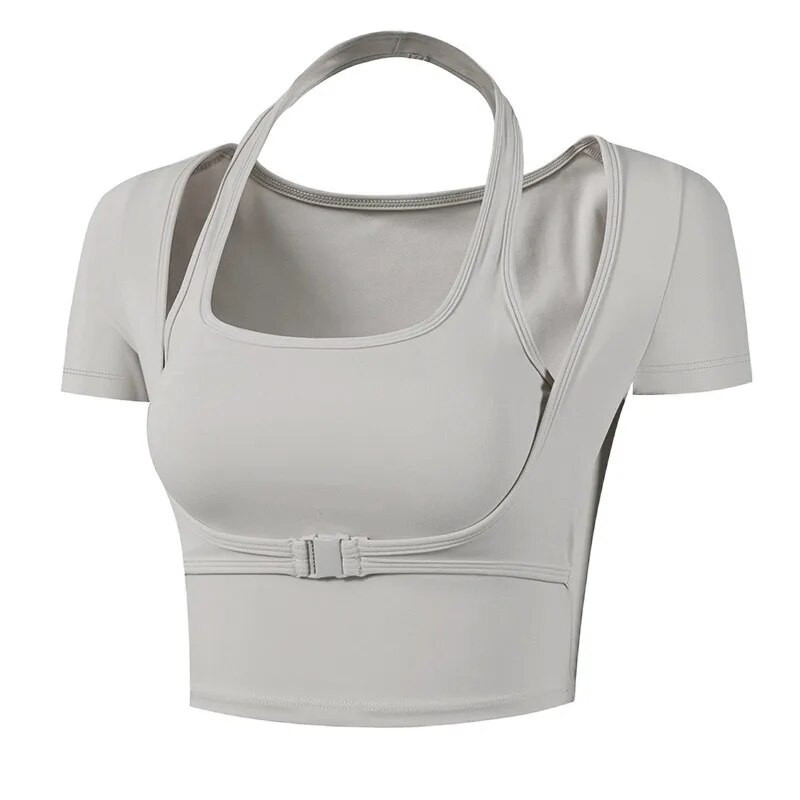 Jogos drabužiai su pagalvėlėmis ant krūtinės, trumpomis rankovėmis, prigludę prie bambos greitai džiūstantys marškinėliai, kvėpuojantis sportinis viršus