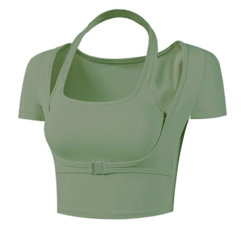 Jogos drabužiai su pagalvėlėmis ant krūtinės, trumpomis rankovėmis, prigludę prie bambos greitai džiūstantys marškinėliai, kvėpuojantis sportinis viršus